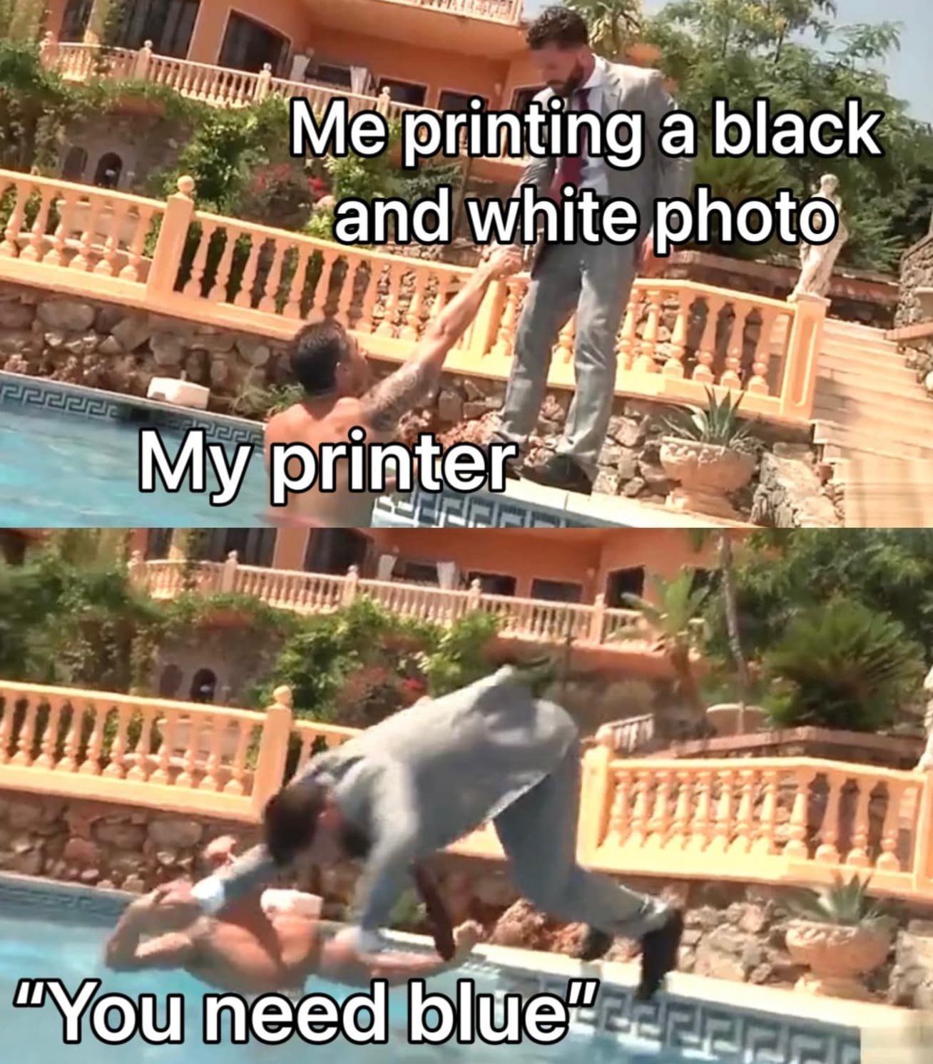 Meme - P22222 Me printing a black and white photo My printer "You need blue